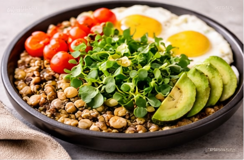 Mixed microgreen breakfast bowl with fried eggs and avocado