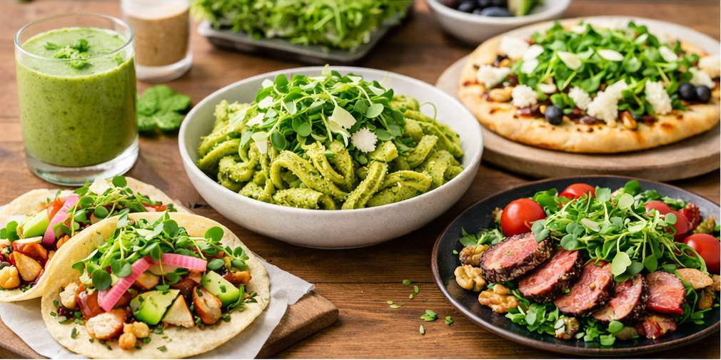 Colorful microgreen dishes arranged on a kitchen table