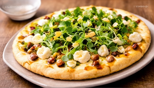 Pea shoot and goat cheese flatbread with honey drizzle