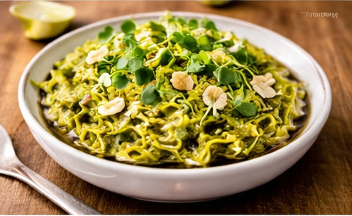 Sunflower microgreen pesto pasta in a bowl
