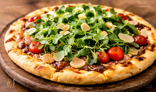 Pizza topped with fresh arugula microgreens and shaved parmesan