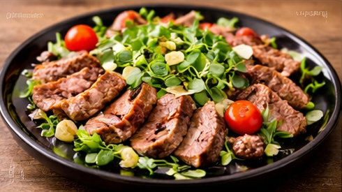 Spicy mustard microgreen steak salad with shaved parmesan