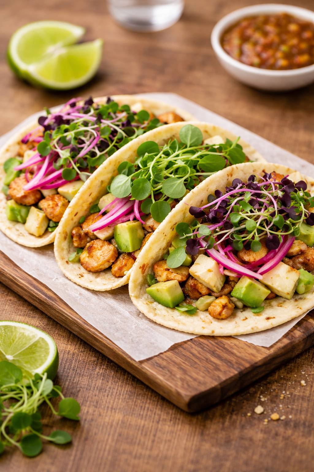 Radish microgreen street tacos with lime crema and pickled onions