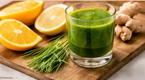 Wheatgrass and citrus recovery juice over ice